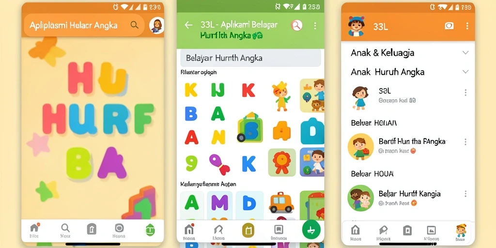 Antarmuka aplikasi 33L yang menarik untuk belajar huruf dan angka.