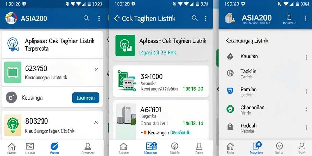 Screenshot utama ASIA200 menampilkan antarmuka cek tagihan listrik yang user-friendly.