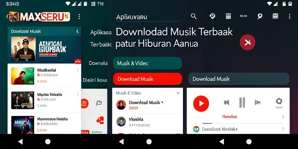 Tampilan antarmuka aplikasi MAXSERU dengan berbagai pilihan musik.