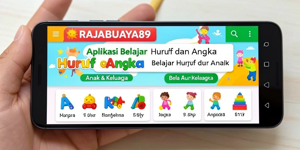 Screenshot utama RAJABUAYA89 dengan tampilan belajar huruf dan angka yang menarik.